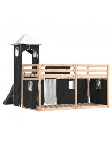 Letto a Castello con Scivolo e Tende Bianco e Nero 90x200 cm