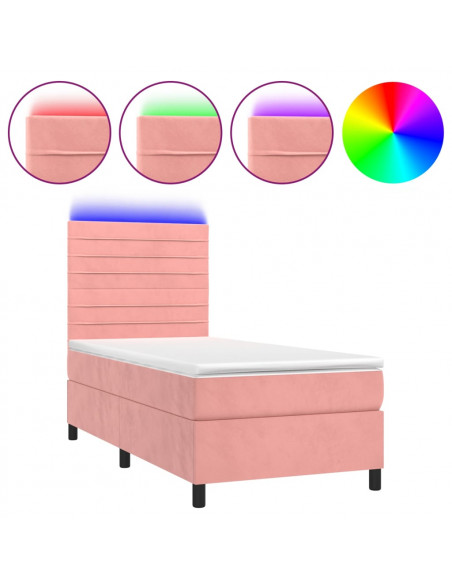 Letto a Molle con Materasso e LED Rosa 90x200 cm in Velluto