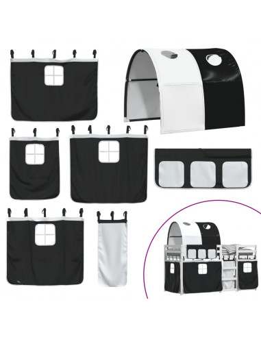 Letto a Castello con Tende Bianco e Nero 90x190cm Massello Pino