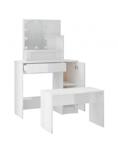 Set Tavolo da Toeletta Bianco Lucido con LED Legno Multistrato