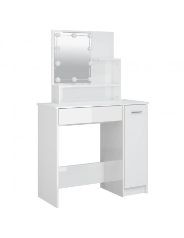 Set Tavolo da Toeletta Bianco Lucido con LED Legno Multistrato