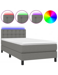 Letto a Molle Materasso e LED Grigio Scuro 100x200cm in Tessuto 2