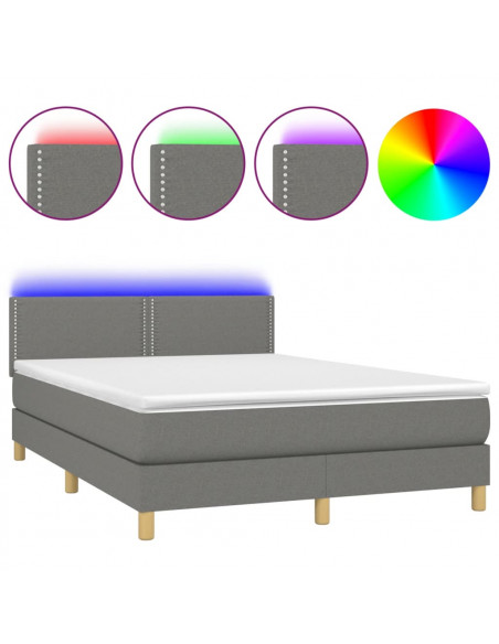 Letto a Molle Materasso e LED Grigio Scuro 140x200cm in Tessuto