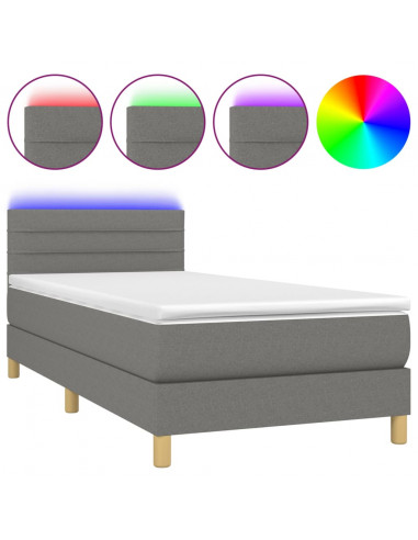 Letto a Molle Materasso e LED Grigio Scuro 90x200 cm in Tessuto