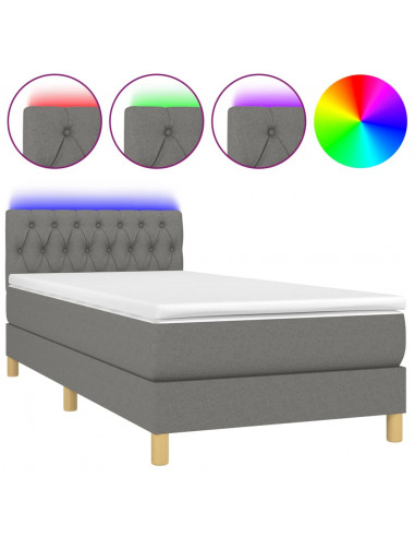 Letto a Molle Materasso e LED Grigio Scuro 90x200 cm in Tessuto