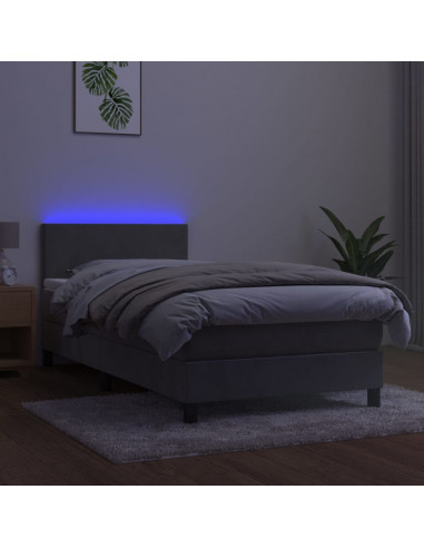 Letto a Molle Materasso e LED Grigio Chiaro 90x200 cm Velluto