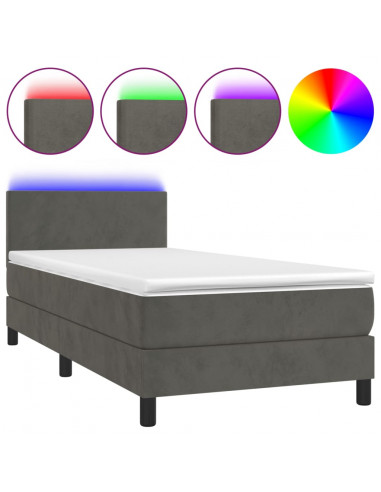 Letto a Molle con Materasso e LED Grigio Scuro 90x200cm Velluto