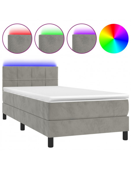 Letto a Molle Materasso e LED Grigio Chiaro 90x200 cm Velluto