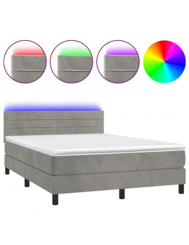 Letto a Molle Materasso e LED Grigio Chiaro 140x200 cm Velluto