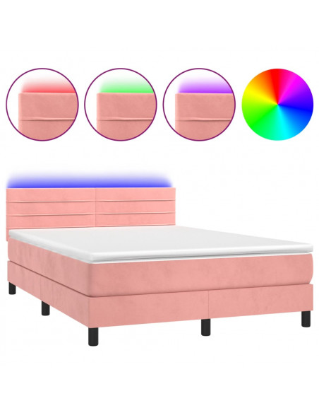 Letto a Molle con Materasso e LED Rosa 140x200 cm in Velluto