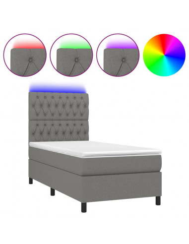 Letto a Molle Materasso e LED Grigio Scuro 90x200 cm in Tessuto