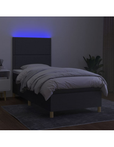 Letto a Molle Materasso e LED Grigio Scuro 100x200cm in Tessuto