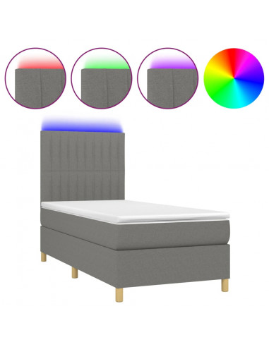 Letto a Molle Materasso e LED Grigio Scuro 90x190 cm in Tessuto