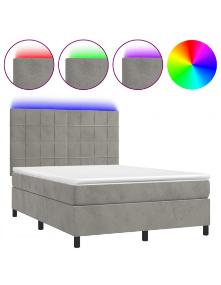 Letto a Molle Materasso e LED Grigio Chiaro 140x200 cm Velluto