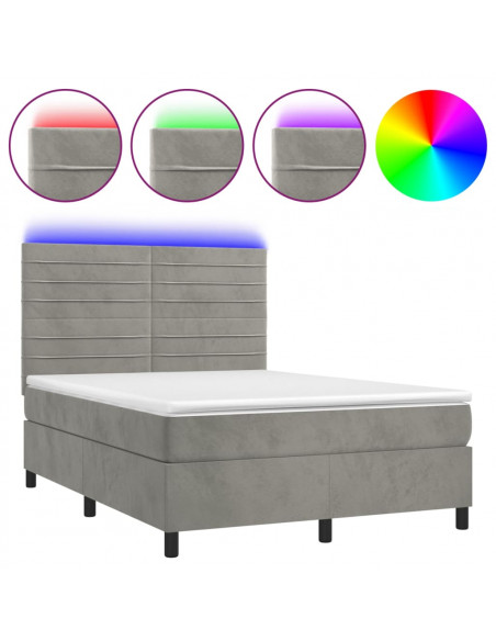 Letto a Molle Materasso e LED Grigio Chiaro 140x190 cm Velluto