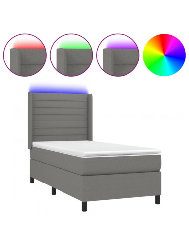 Letto a Molle Materasso e LED Grigio Scuro 100x200cm in Tessuto