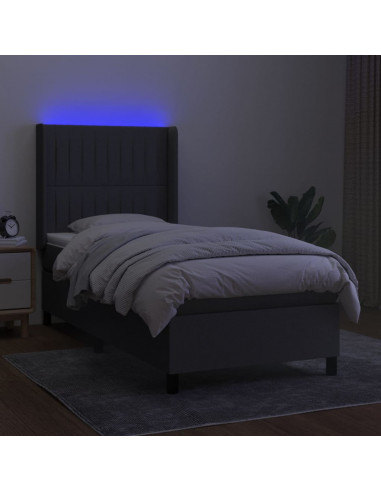 Letto a Molle Materasso e LED Grigio Scuro 100x200cm in Tessuto