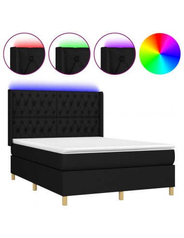 Letto a Molle con Materasso e LED Nero 140x190 cm in Tessuto