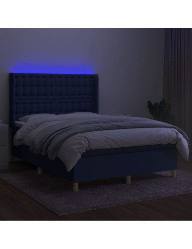 Letto a Molle con Materasso e LED Blu 140x190 cm in Tessuto