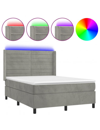 Letto a Molle Materasso e LED Grigio Chiaro 140x190 cm Velluto
