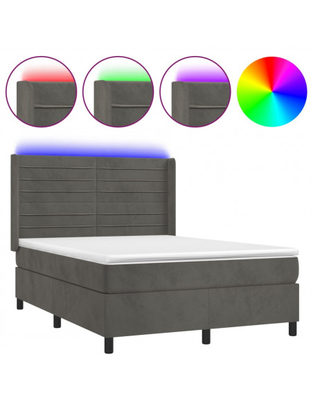Letto a Molle con Materasso e LED Grigio Scuro 140x190 cm