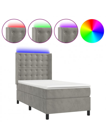 Letto a Molle Materasso e LED Grigio Chiaro 100x200 cm Velluto