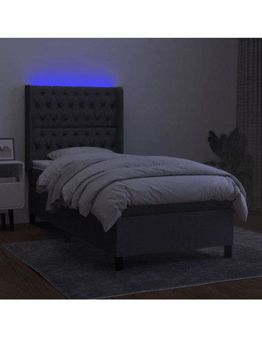 Letto a Molle Materasso e LED Grigio Scuro 90x200 cm in Tessuto