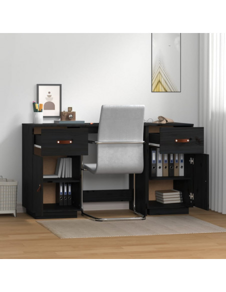Scrivania con Armadietti Nera 135x50x75 cm Legno Massello Pino