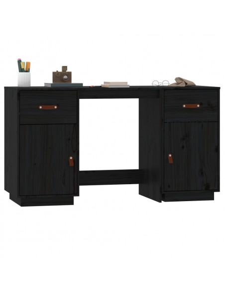 Scrivania con Armadietti Nera 135x50x75 cm Legno Massello Pino