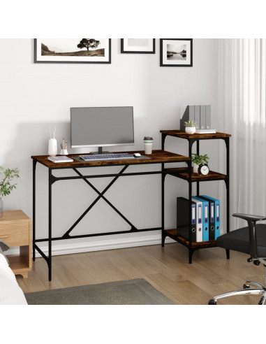 Scrivania Ripiani Rovere Fumo 135x50x90 cm Multistrato e Ferro