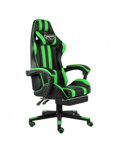 Sedia da Gaming con Poggiapiedi Nero e Verde in Similpelle