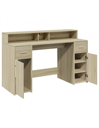 Scrivania con Luci LED Rovere Sonoma 140x55x91cm in Multistrato