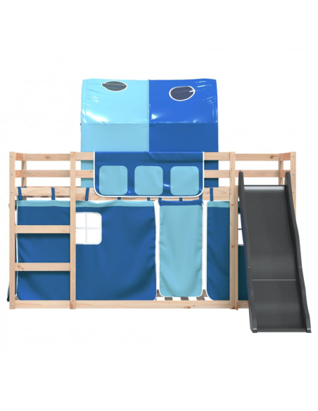 Letto a Castello con Scivolo e Tende Blu 90x200 cm
