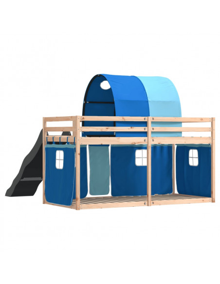 Letto a Castello con Scivolo e Tende Blu 90x200 cm