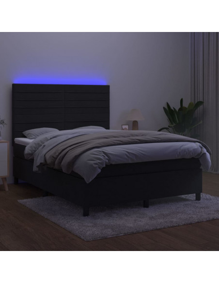 Letto a Molle con Materasso e LED Nero 140x190 cm in Velluto