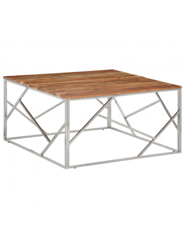 Tavolino da Salotto Argento in Acciaio Inox e Massello d'Acacia