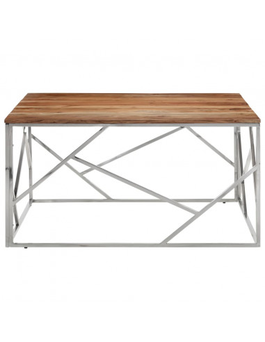 Tavolino da Salotto Argento in Acciaio Inox e Massello d'Acacia