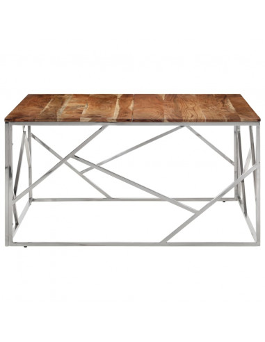 Tavolino da Salotto Argento in Acciaio Inox e Massello d'Acacia