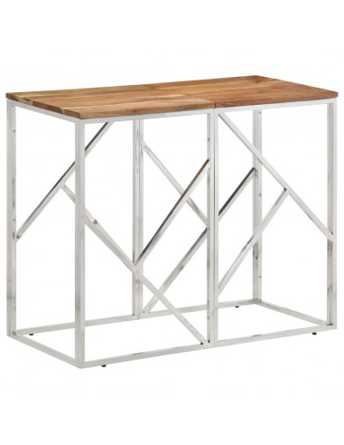 Tavolino da Salotto Argento in Acciaio Inox e Massello d'Acacia