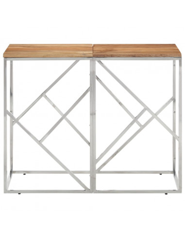 Tavolino da Salotto Argento in Acciaio Inox e Massello d'Acacia