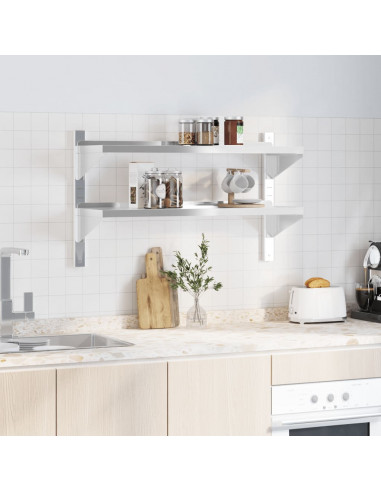 Mensola Muro 2 Ripiani 100x30x60cm Argento Acciaio Inossidabile