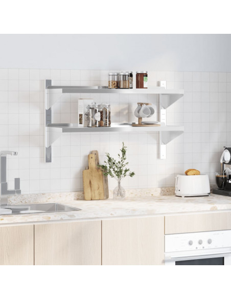 Mensola Muro 2 Ripiani 100x30x60cm Argento Acciaio Inossidabile