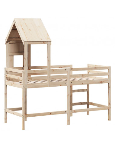 Letto Soppalco con Scala e Tetto 80x200 cm Legno Massello Pino