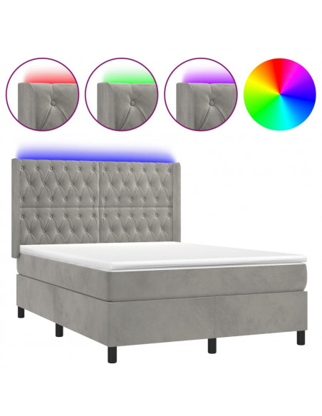 Letto a Molle Materasso e LED Grigio Chiaro 140x200 cm Velluto