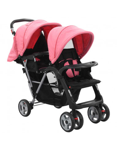 Passeggino Gemellare a Tandem Rosa e Nero in Acciaio