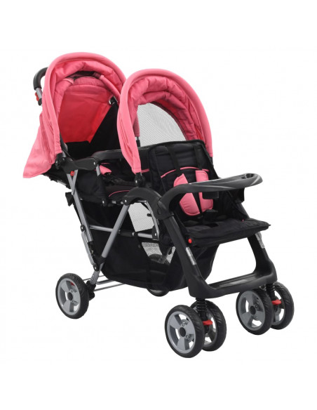 Passeggino Gemellare a Tandem Rosa e Nero in Acciaio
