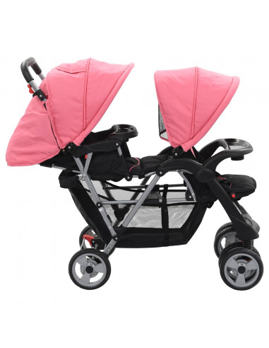 Passeggino Gemellare a Tandem Rosa e Nero in Acciaio