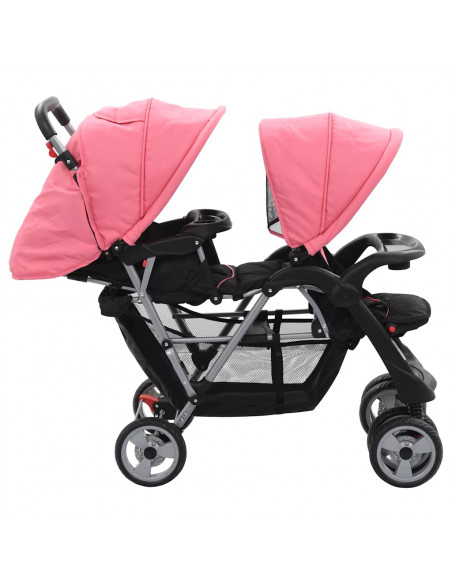 Passeggino Gemellare a Tandem Rosa e Nero in Acciaio
