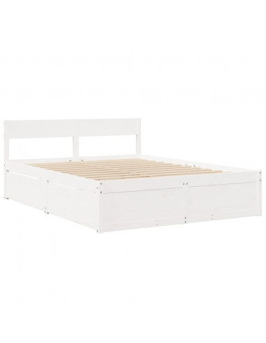 Letto Cassetti e Materasso Bianco 140x200cm Legno Massello Pino