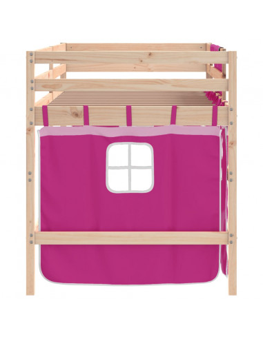 Letto a Soppalco con Tende Bambini Rosa 80x200 cm Massello Pino